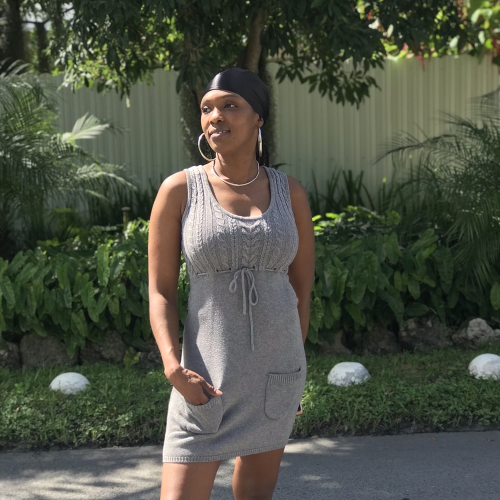 Grey sweater dress. No sleeves. Perfect for spring, fall, and summer.